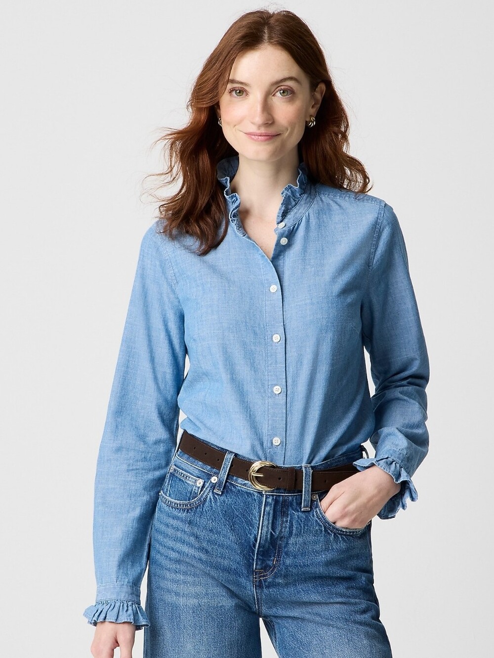 J.Crew Chambray Ruffle Button-down Top